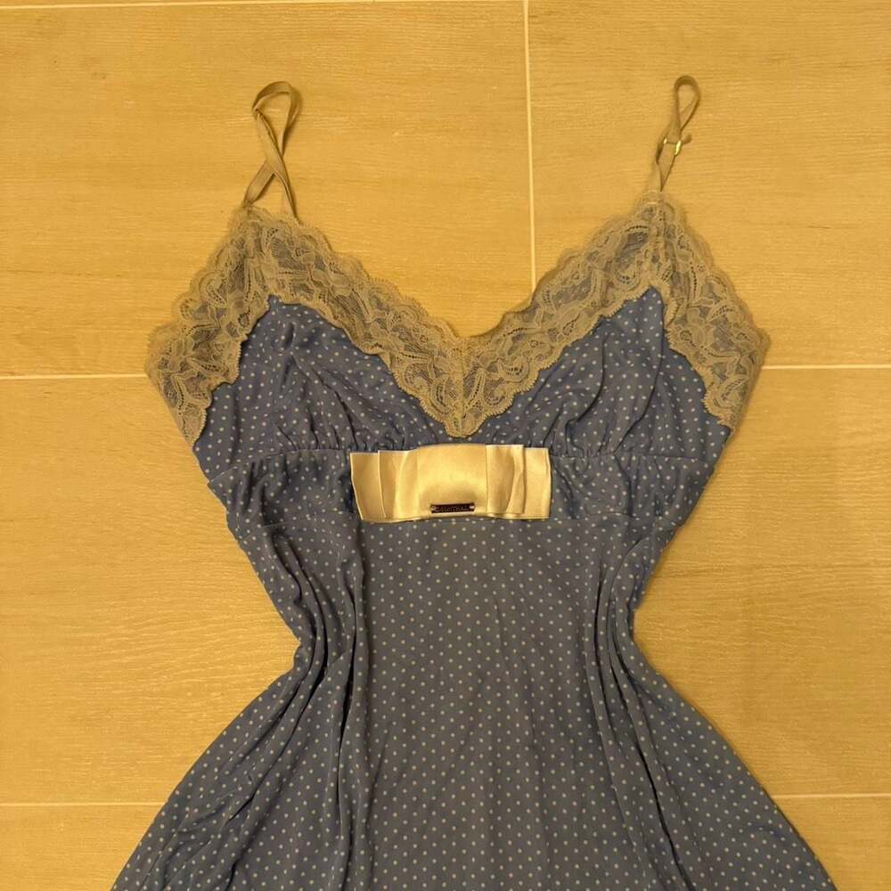 Blue Polka Dot Lace Trim Babydoll Nightgown with Satin Bow